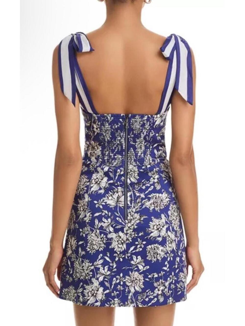 New Alice and Olivia Maryann Floral Tie Shoulder Dress Indigo Multi Sz 10 $440 - Picture 3 of 14